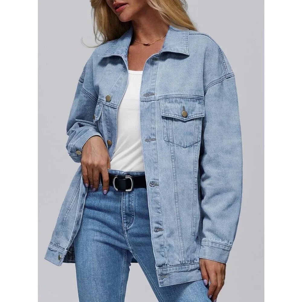 AUTOMET Women's Oversized Jeans Jacket, Classic Button Down Denim Jacket